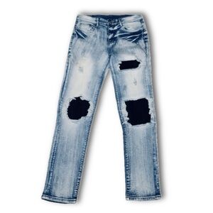 Men’s light Blue distressed jeans with black detail under rips. Size 30.